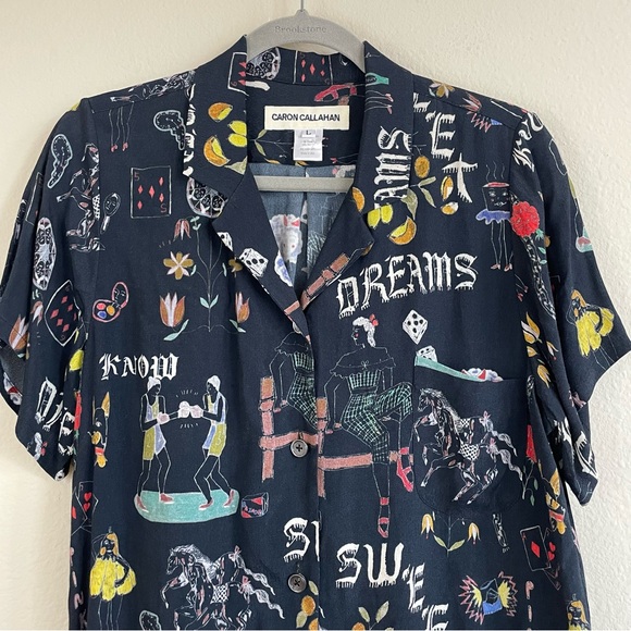 Caron Callahan Doodle Print Johan Top Button Up Relaxed Shirt Size L - Picture 7 of 11